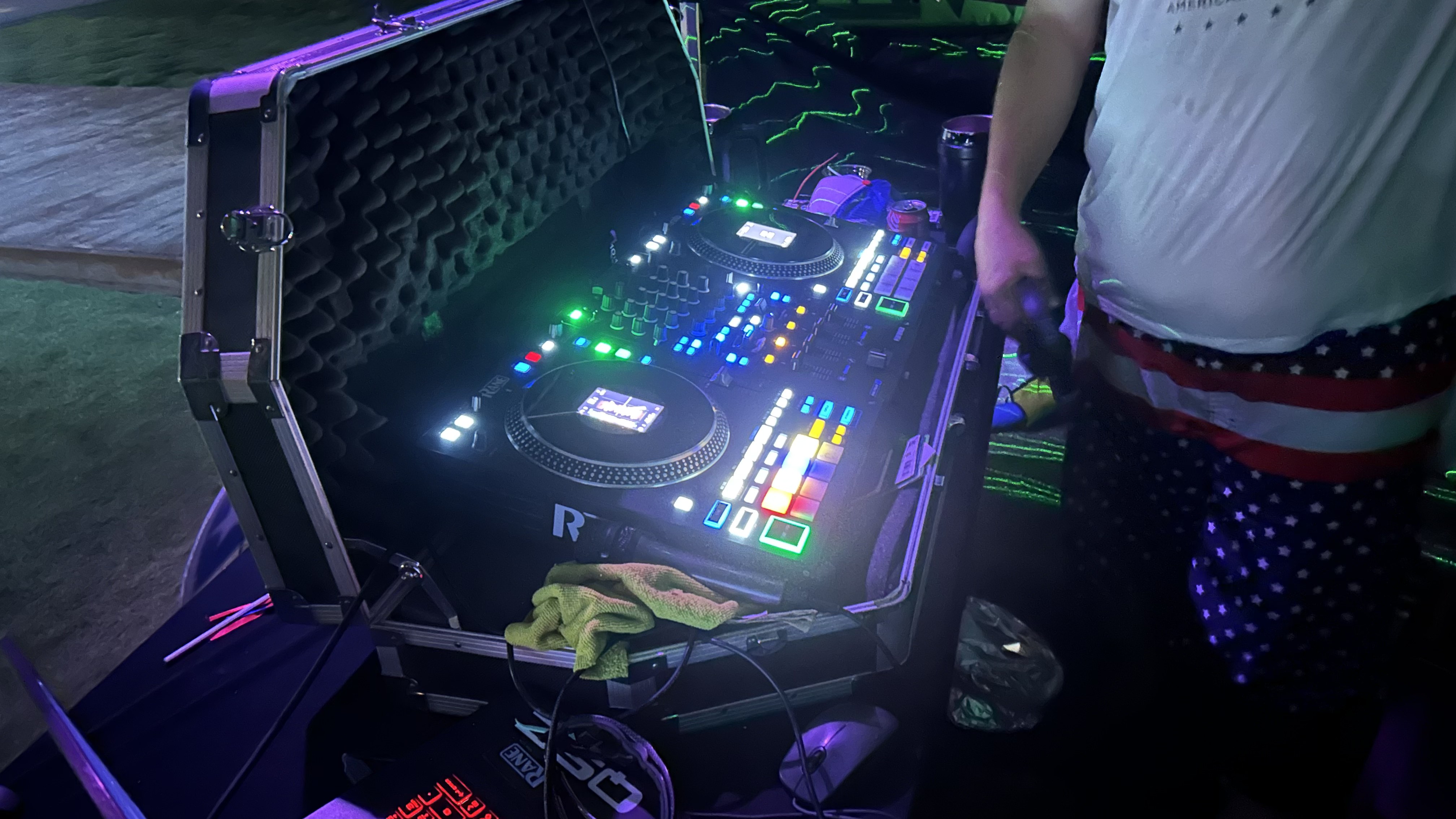 InnerPhaze DJ decks lit up mid-set